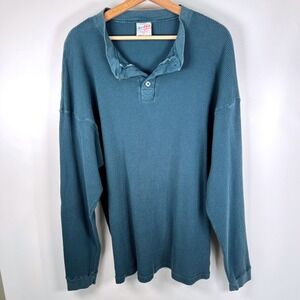 Acton Vintage Henley Shirt Mens XL Teal Blue Waffle Knit Thermal Made in USA 90s